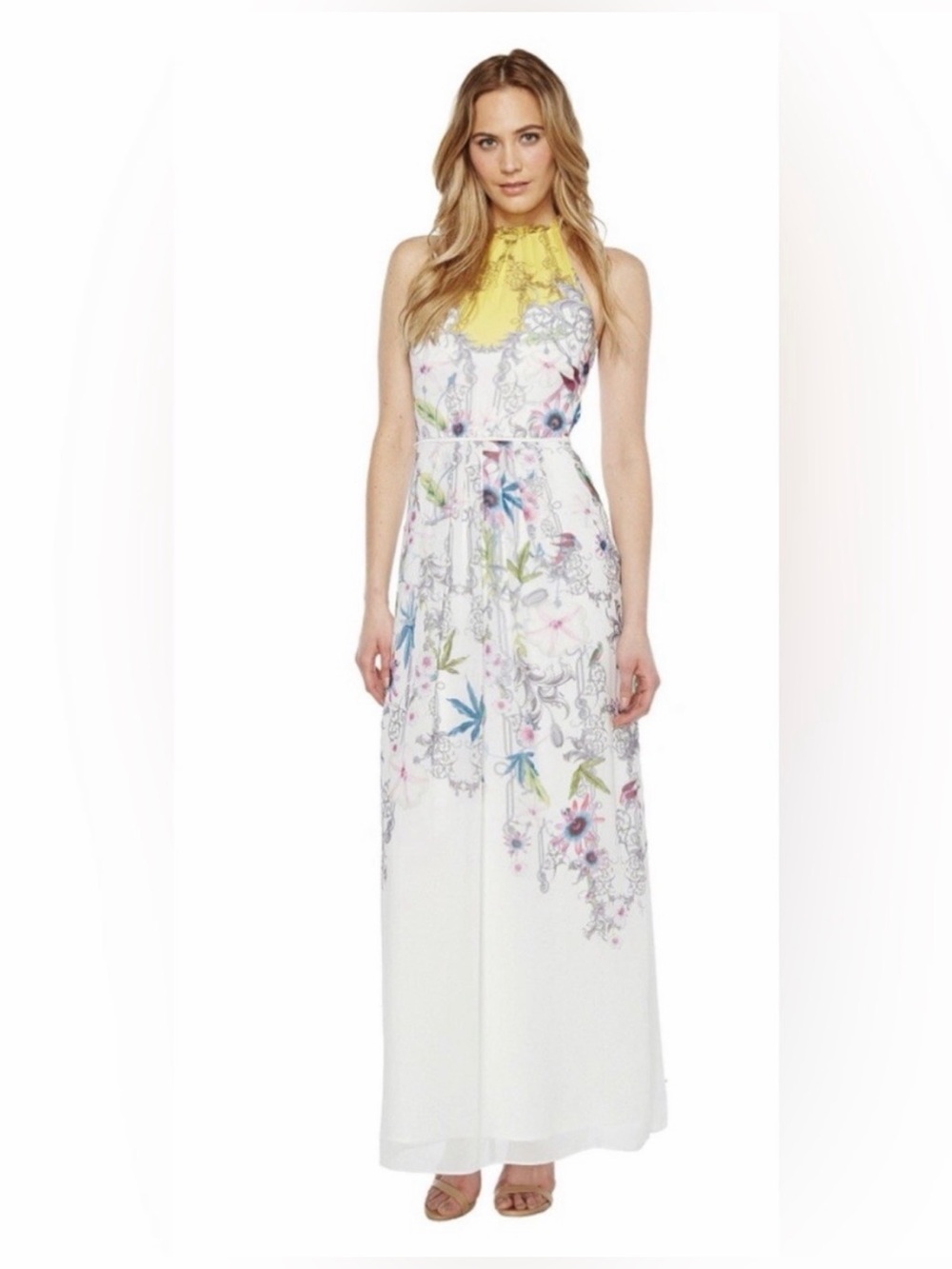 Ted Baker White Floral Maxi Dress with Yellow High Neck